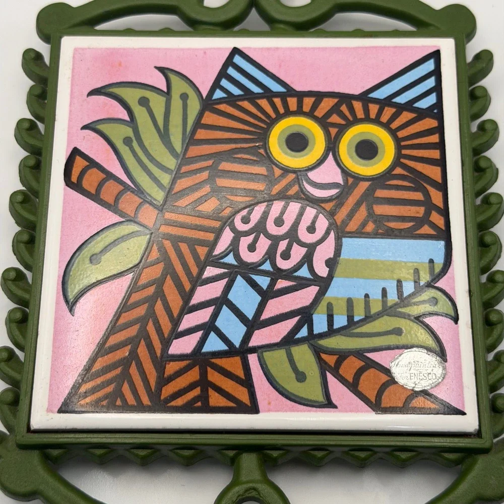 Vintage Enesco Hand Painted Owl Ceramic Tile Trivet Wall Hanging Japan Green MCM